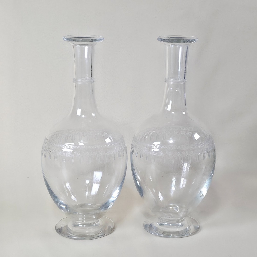 Whitefriars Pair Victorian Etched‎ Glass Footed Decanters Dagger Pattern Antique
